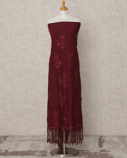 Maroon Blended Cotton Fabric with Tone-on-Tone Floral Embroidery and Tassel Lace Finish, 130 Cms Width, 3.0 Mtrs Length, Made in India-D24154