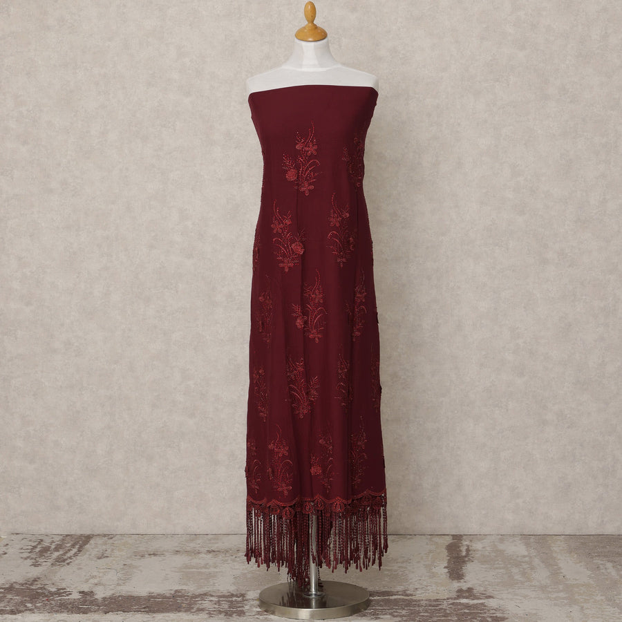 Maroon Blended Cotton Fabric with Tone-on-Tone Floral Embroidery and Tassel Lace Finish, 130 Cms Width, 3.0 Mtrs Length, Made in India-D24154