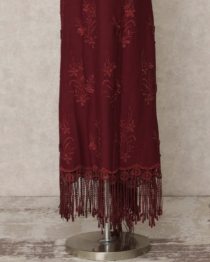 Maroon Blended Cotton Fabric with Tone-on-Tone Floral Embroidery and Tassel Lace Finish, 130 Cms Width, 3.0 Mtrs Length, Made in India-D24154