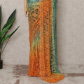 ساري فرنسي فاخر من الدانتيل الشانتيلي باللون الأخضر إلى البرتقالي مع تطريز حجري، بطول 5.5 متر، وعرض 110 سم، صنع في فرنسا - D24288