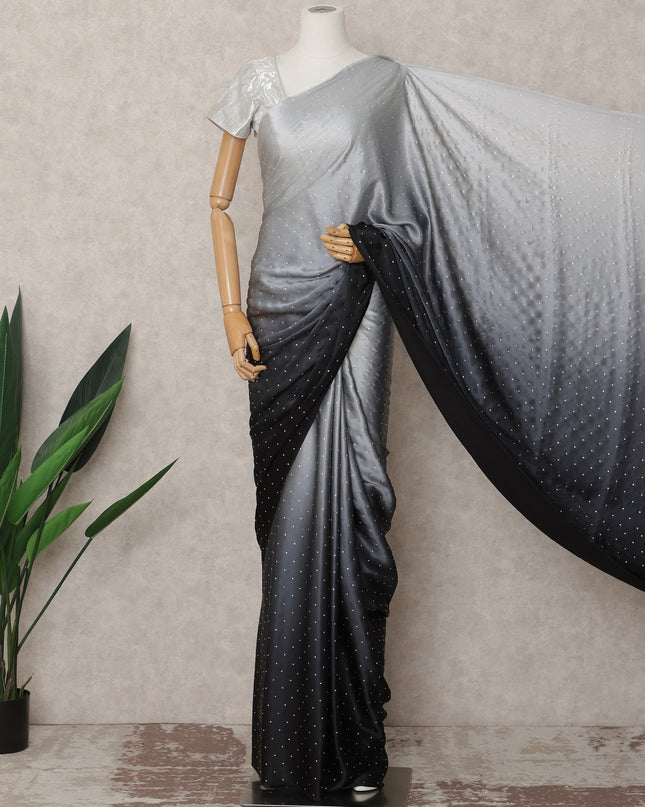 Grey to Black Ombre Premium Silk Satin Saree with Stone Work, 5.5 Mtrs Length, 110 Cms Width, Made in South Korea-D24289