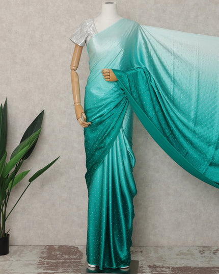 ساري حرير ساتان فاخر بألوان مائية إلى زرقاء مخضرة مع تطريز حجري، طول 5.5 متر، عرض 110 سم، صنع في كوريا الجنوبية - D24290