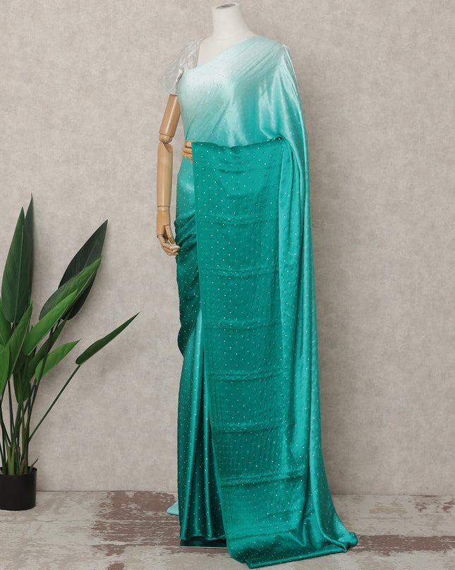 ساري حرير ساتان فاخر بألوان مائية إلى زرقاء مخضرة مع تطريز حجري، طول 5.5 متر، عرض 110 سم، صنع في كوريا الجنوبية - D24290