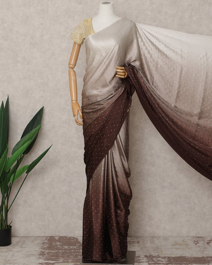 Ivory to Chocolate Brown Ombre Premium Silk Satin Saree with Stone Work, 5.5 Mtrs Length, 110 Cms Width, Made in South Korea-D24292