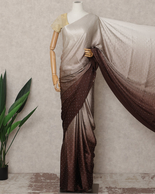 Ivory to Chocolate Brown Ombre Premium Silk Satin Saree with Stone Work, 5.5 Mtrs Length, 110 Cms Width, Made in South Korea-D24292