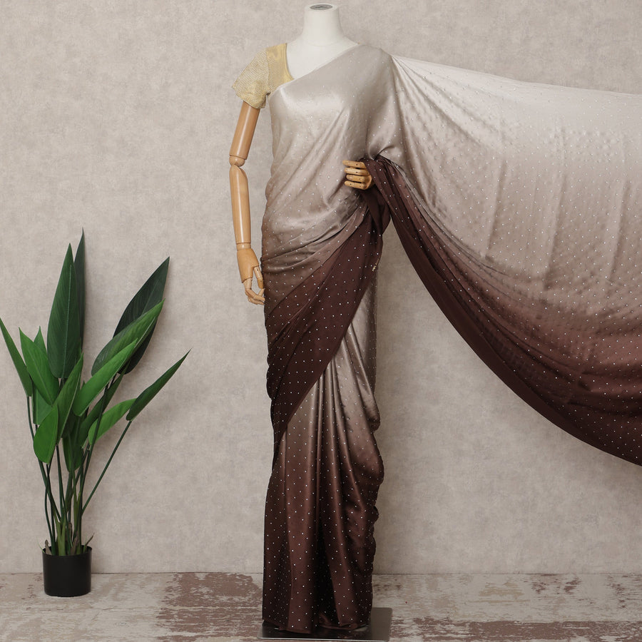 Ivory to Chocolate Brown Ombre Premium Silk Satin Saree with Stone Work, 5.5 Mtrs Length, 110 Cms Width, Made in South Korea-D24292