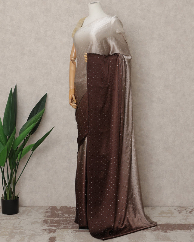 Ivory to Chocolate Brown Ombre Premium Silk Satin Saree with Stone Work, 5.5 Mtrs Length, 110 Cms Width, Made in South Korea-D24292