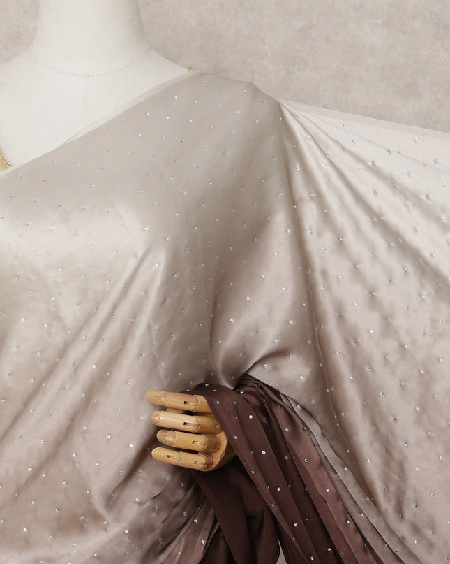 Ivory to Chocolate Brown Ombre Premium Silk Satin Saree with Stone Work, 5.5 Mtrs Length, 110 Cms Width, Made in South Korea-D24292