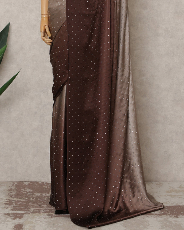 Ivory to Chocolate Brown Ombre Premium Silk Satin Saree with Stone Work, 5.5 Mtrs Length, 110 Cms Width, Made in South Korea-D24292