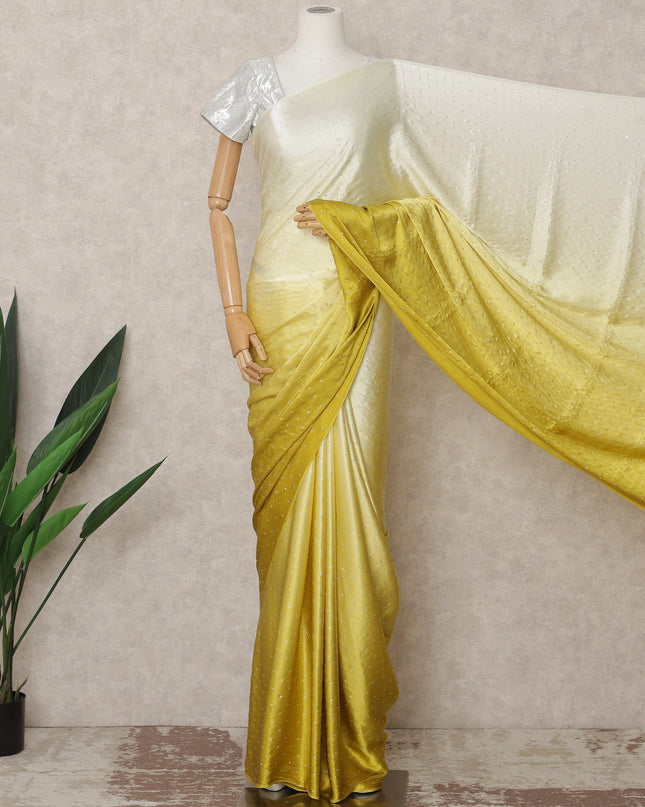 Ivory to Mustard Yellow Ombre Premium Silk Satin Saree with Stone Work, 5.5 Mtrs Length, 110 Cms Width, Made in South Korea-D24293