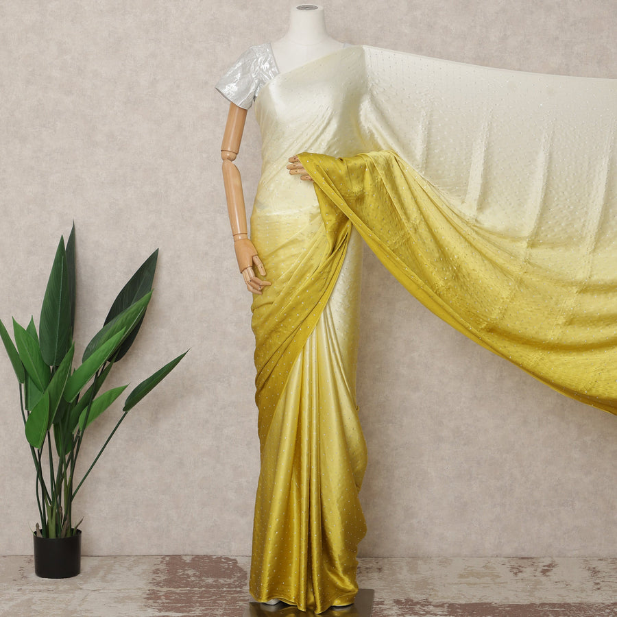 Ivory to Mustard Yellow Ombre Premium Silk Satin Saree with Stone Work, 5.5 Mtrs Length, 110 Cms Width, Made in South Korea-D24293