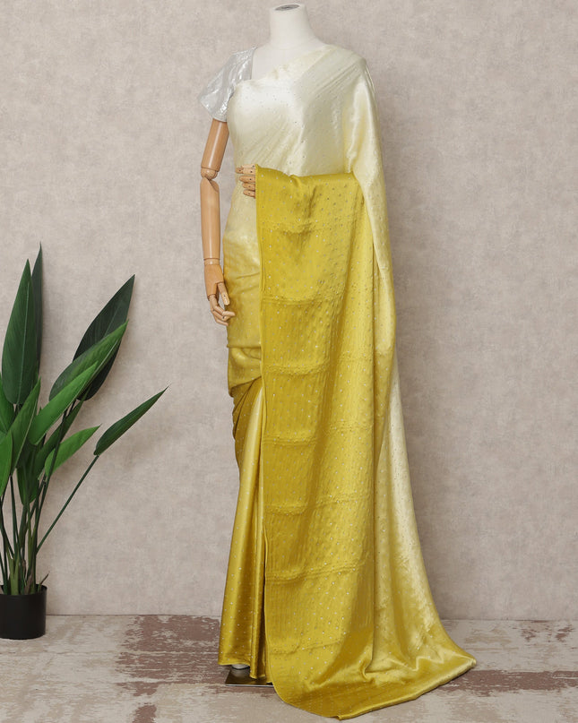 Ivory to Mustard Yellow Ombre Premium Silk Satin Saree with Stone Work, 5.5 Mtrs Length, 110 Cms Width, Made in South Korea-D24293