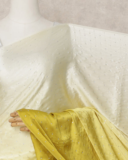 Ivory to Mustard Yellow Ombre Premium Silk Satin Saree with Stone Work, 5.5 Mtrs Length, 110 Cms Width, Made in South Korea-D24293
