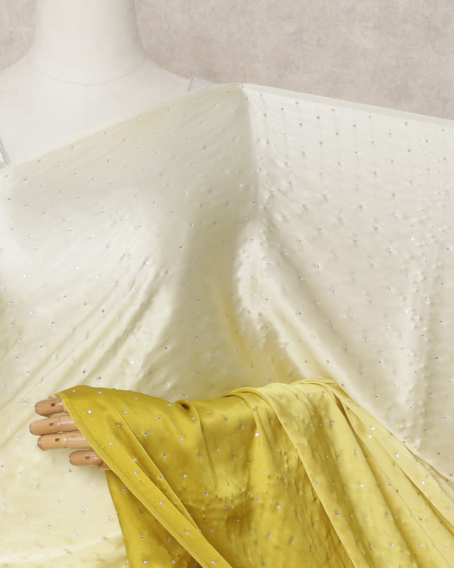 Ivory to Mustard Yellow Ombre Premium Silk Satin Saree with Stone Work, 5.5 Mtrs Length, 110 Cms Width, Made in South Korea-D24293