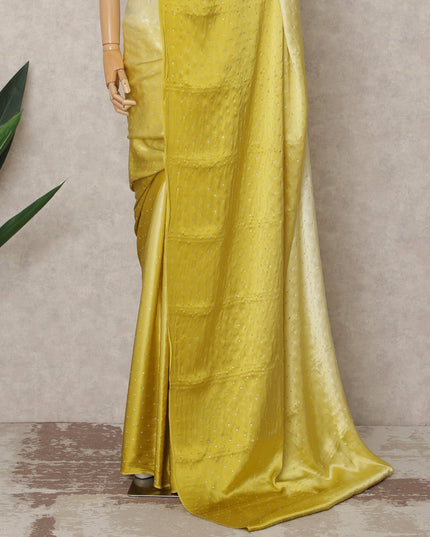 Ivory to Mustard Yellow Ombre Premium Silk Satin Saree with Stone Work, 5.5 Mtrs Length, 110 Cms Width, Made in South Korea-D24293