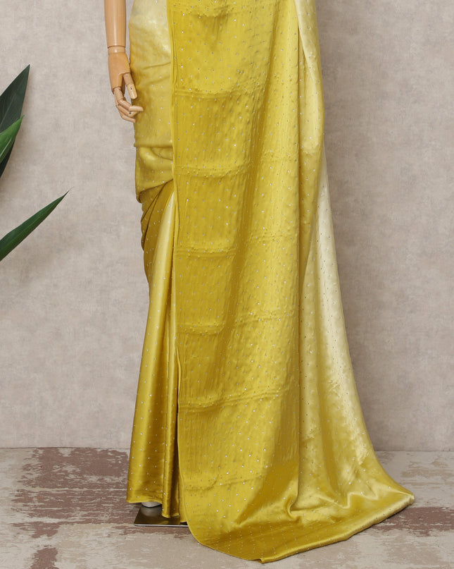 Ivory to Mustard Yellow Ombre Premium Silk Satin Saree with Stone Work, 5.5 Mtrs Length, 110 Cms Width, Made in South Korea-D24293