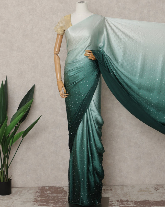 Mint to Bottle Green Ombre Premium Silk Satin Saree with Stone Work, 5.5 Mtrs Length, 110 Cms Width, Made in South Korea-D24294