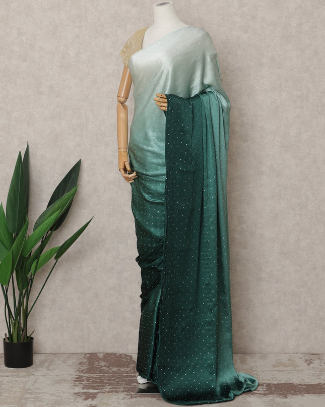 Mint to Bottle Green Ombre Premium Silk Satin Saree with Stone Work, 5.5 Mtrs Length, 110 Cms Width, Made in South Korea-D24294