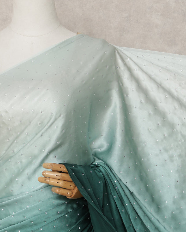 Mint to Bottle Green Ombre Premium Silk Satin Saree with Stone Work, 5.5 Mtrs Length, 110 Cms Width, Made in South Korea-D24294