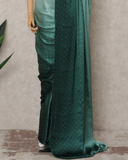 Mint to Bottle Green Ombre Premium Silk Satin Saree with Stone Work, 5.5 Mtrs Length, 110 Cms Width, Made in South Korea-D24294