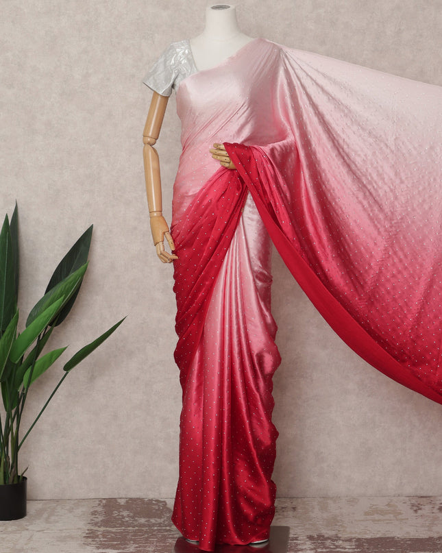 Blush to Scarlet Red Ombre Premium Silk Satin Saree with Stone Work, 5.5 Mtrs Length, 110 Cms Width, Made in South Korea-D24296