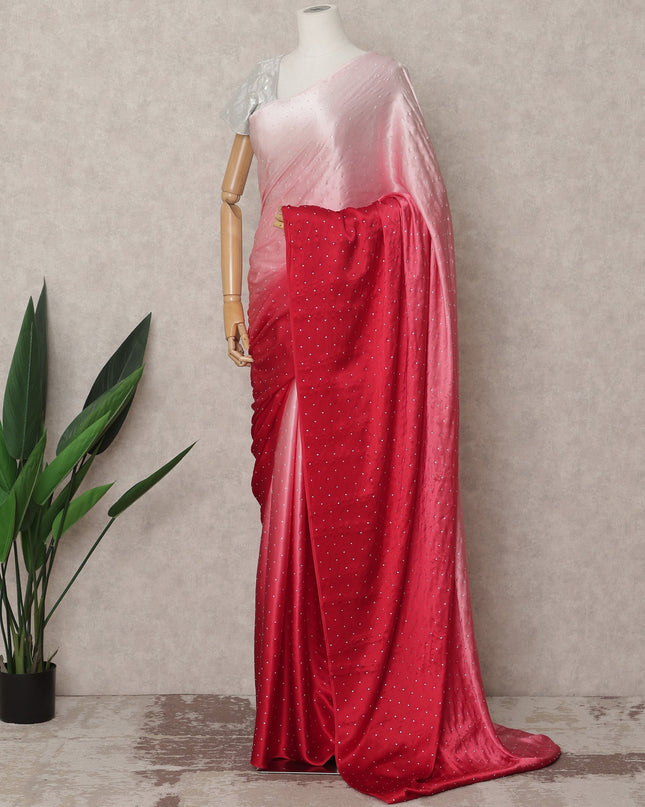 Blush to Scarlet Red Ombre Premium Silk Satin Saree with Stone Work, 5.5 Mtrs Length, 110 Cms Width, Made in South Korea-D24296