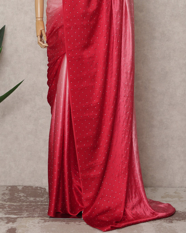 Blush to Scarlet Red Ombre Premium Silk Satin Saree with Stone Work, 5.5 Mtrs Length, 110 Cms Width, Made in South Korea-D24296