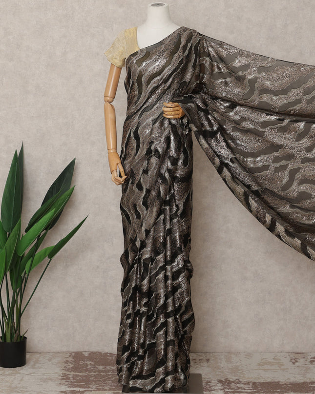 Black and Bronze Metallic Pattern Premium French Chiffon Saree with Lurex Work, 5.5 Mtrs Length, 110 Cms Width, Made in France-D24297