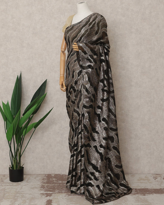 Black and Bronze Metallic Pattern Premium French Chiffon Saree with Lurex Work, 5.5 Mtrs Length, 110 Cms Width, Made in France-D24297