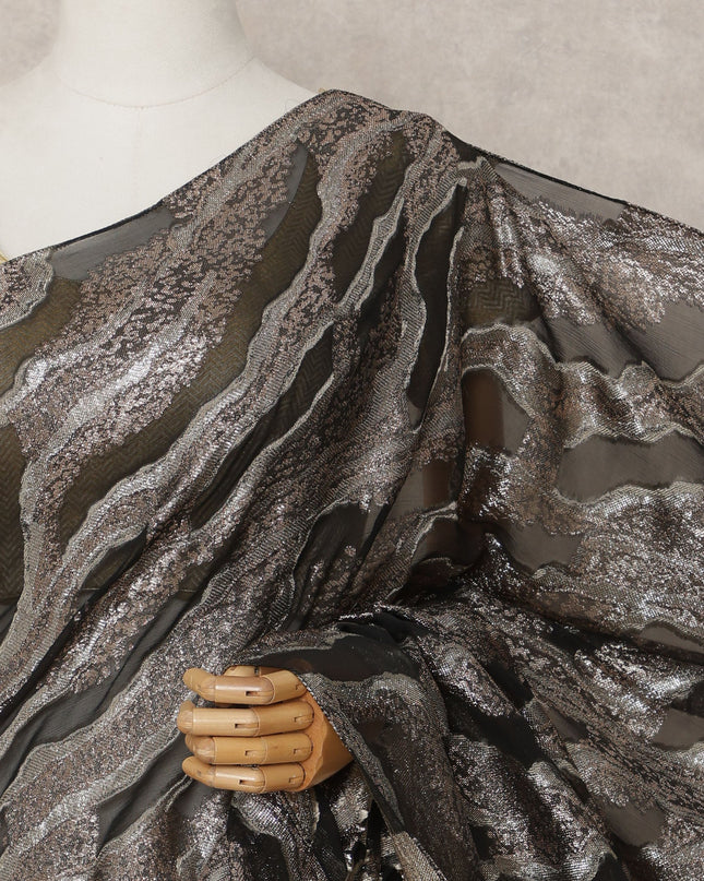 Black and Bronze Metallic Pattern Premium French Chiffon Saree with Lurex Work, 5.5 Mtrs Length, 110 Cms Width, Made in France-D24297
