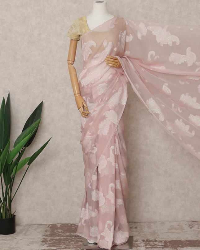 Blush Pink Premium French Chiffon Saree with Metallic Lurex Work, 5.5 Mtrs Length, 110 Cms Width, Made in France-D24298
