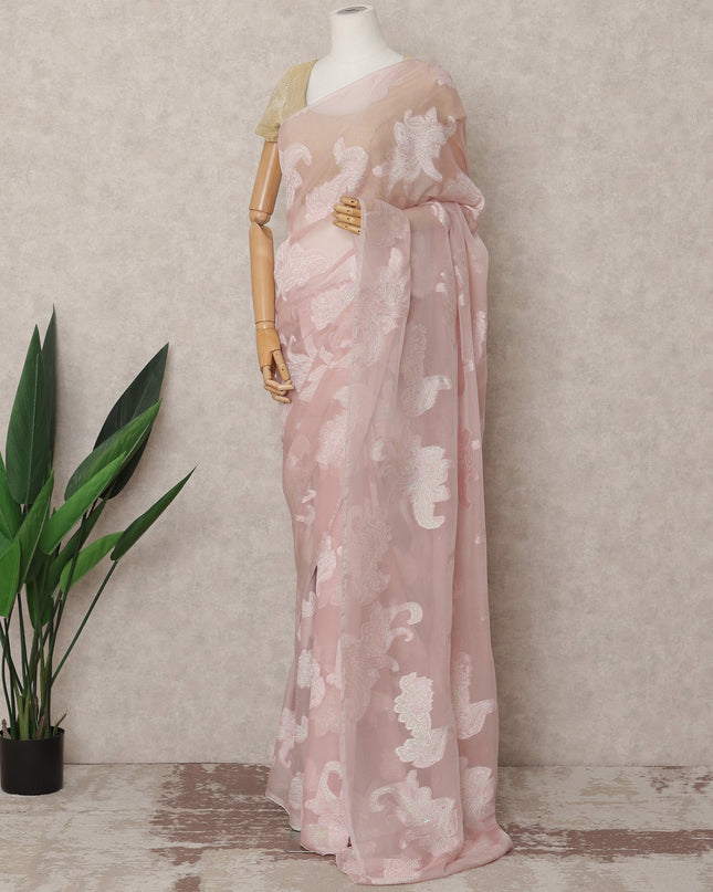 Blush Pink Premium French Chiffon Saree with Metallic Lurex Work, 5.5 Mtrs Length, 110 Cms Width, Made in France-D24298