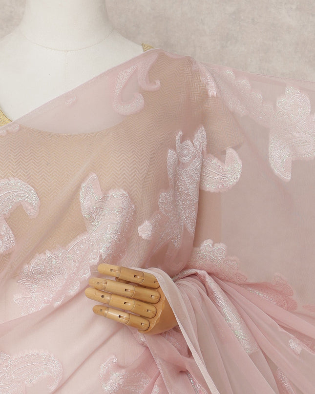 Blush Pink Premium French Chiffon Saree with Metallic Lurex Work, 5.5 Mtrs Length, 110 Cms Width, Made in France-D24298