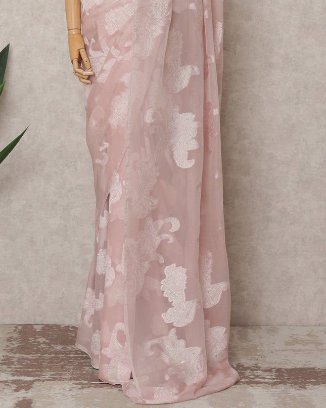 Blush Pink Premium French Chiffon Saree with Metallic Lurex Work, 5.5 Mtrs Length, 110 Cms Width, Made in France-D24298