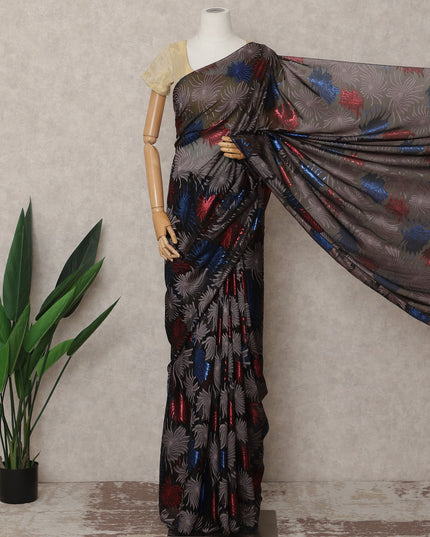 Black Premium French Chiffon Saree with Multicolor Metallic Lurex Leaf Pattern, 5.5 Mtrs Length, 110 Cms Width, Made in France-D24299