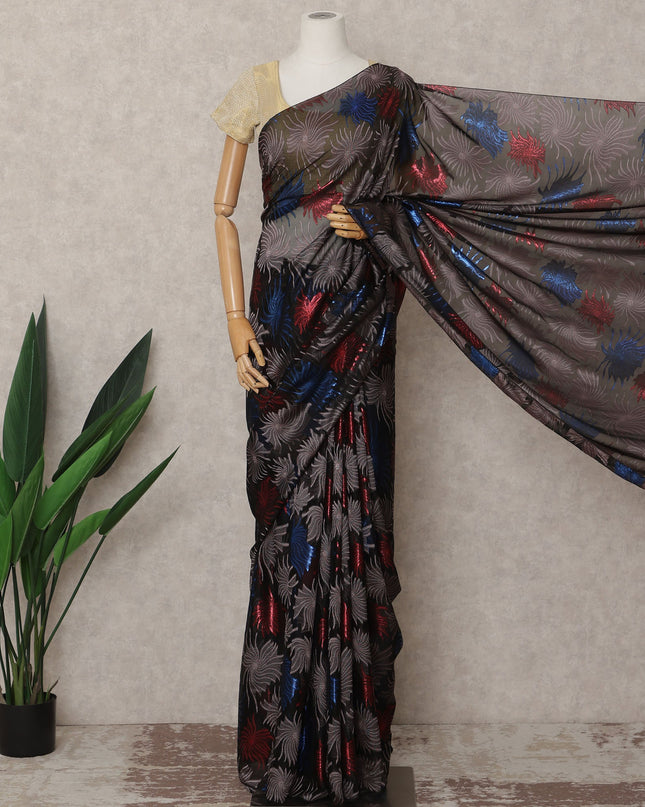 Black Premium French Chiffon Saree with Multicolor Metallic Lurex Leaf Pattern, 5.5 Mtrs Length, 110 Cms Width, Made in France-D24299