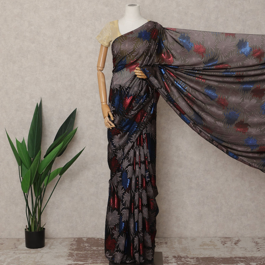 Black Premium French Chiffon Saree with Multicolor Metallic Lurex Leaf Pattern, 5.5 Mtrs Length, 110 Cms Width, Made in France-D24299