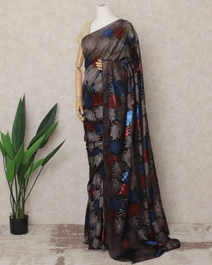 Black Premium French Chiffon Saree with Multicolor Metallic Lurex Leaf Pattern, 5.5 Mtrs Length, 110 Cms Width, Made in France-D24299