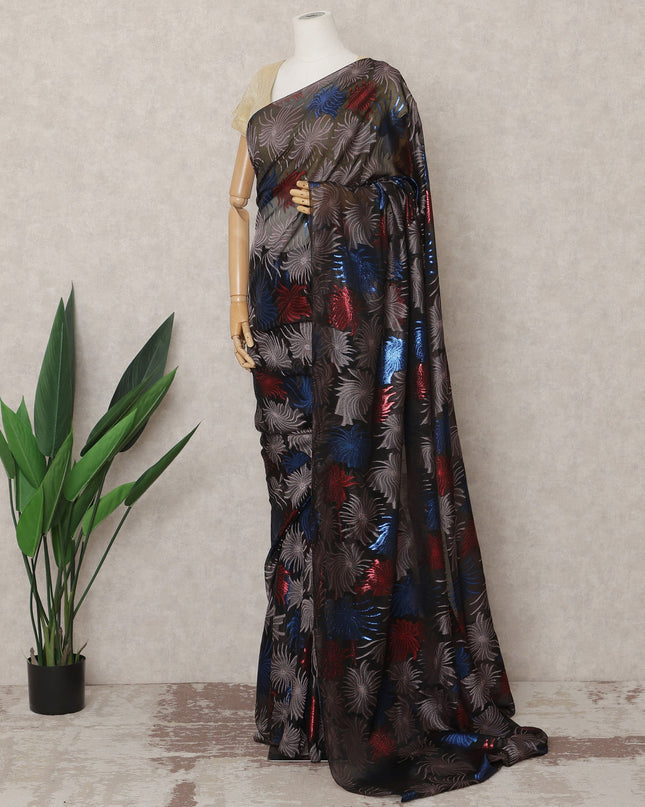 Black Premium French Chiffon Saree with Multicolor Metallic Lurex Leaf Pattern, 5.5 Mtrs Length, 110 Cms Width, Made in France-D24299