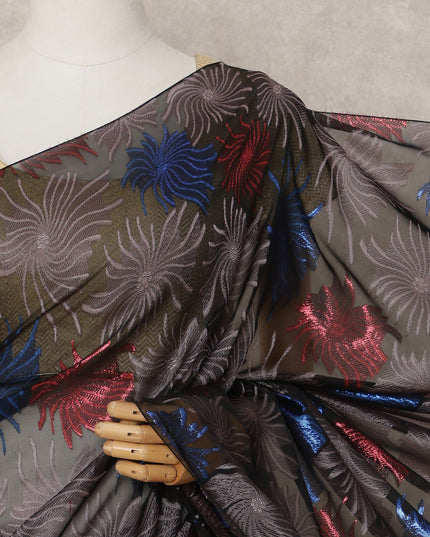 Black Premium French Chiffon Saree with Multicolor Metallic Lurex Leaf Pattern, 5.5 Mtrs Length, 110 Cms Width, Made in France-D24299