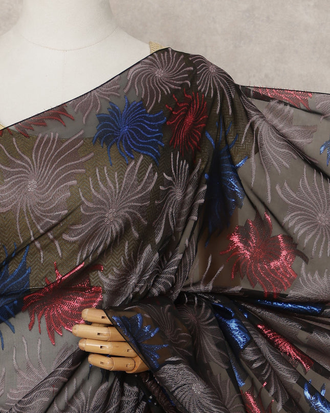 Black Premium French Chiffon Saree with Multicolor Metallic Lurex Leaf Pattern, 5.5 Mtrs Length, 110 Cms Width, Made in France-D24299