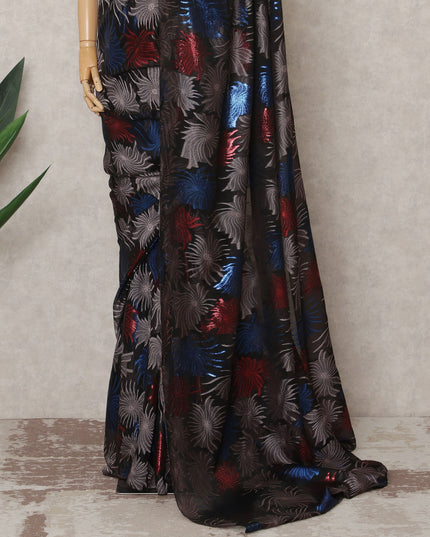 Black Premium French Chiffon Saree with Multicolor Metallic Lurex Leaf Pattern, 5.5 Mtrs Length, 110 Cms Width, Made in France-D24299