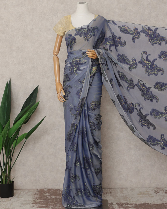 Slate Blue Premium French Chiffon Saree with Metallic Lurex Paisley Work, 5.5 Mtrs Length, 110 Cms Width, Made in France-D24300