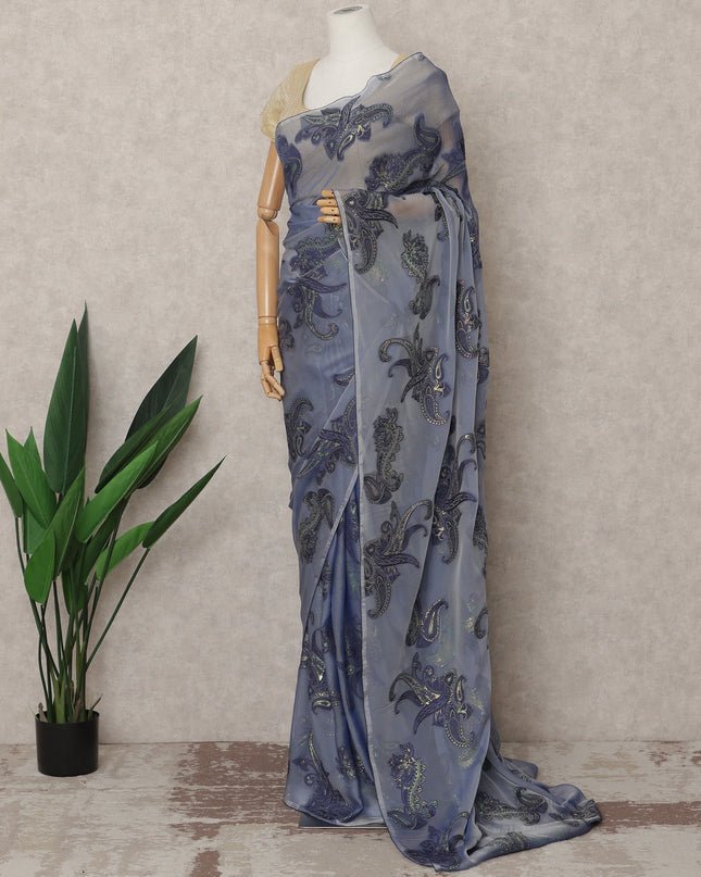 Slate Blue Premium French Chiffon Saree with Metallic Lurex Paisley Work, 5.5 Mtrs Length, 110 Cms Width, Made in France-D24300