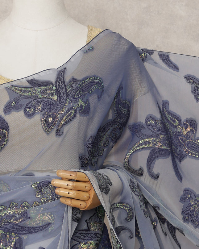 Slate Blue Premium French Chiffon Saree with Metallic Lurex Paisley Work, 5.5 Mtrs Length, 110 Cms Width, Made in France-D24300