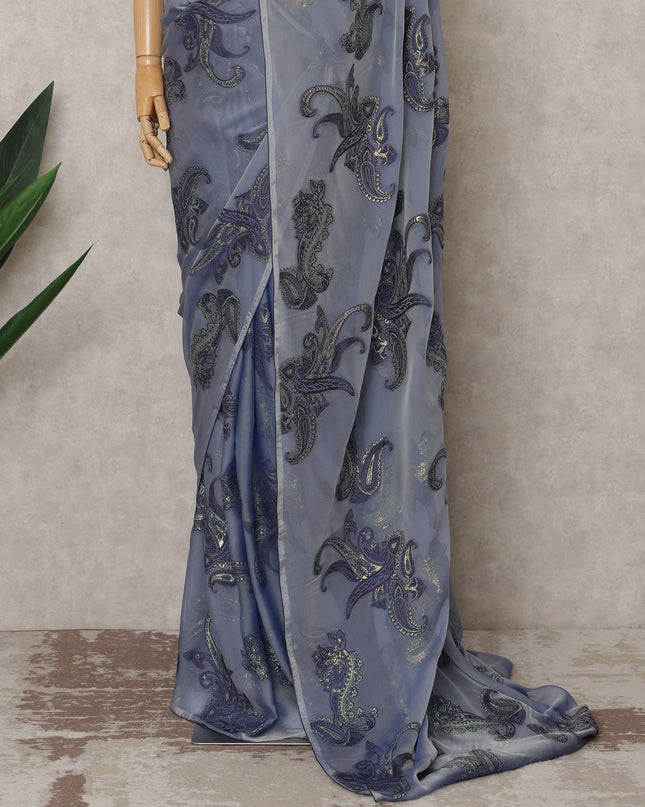 Slate Blue Premium French Chiffon Saree with Metallic Lurex Paisley Work, 5.5 Mtrs Length, 110 Cms Width, Made in France-D24300