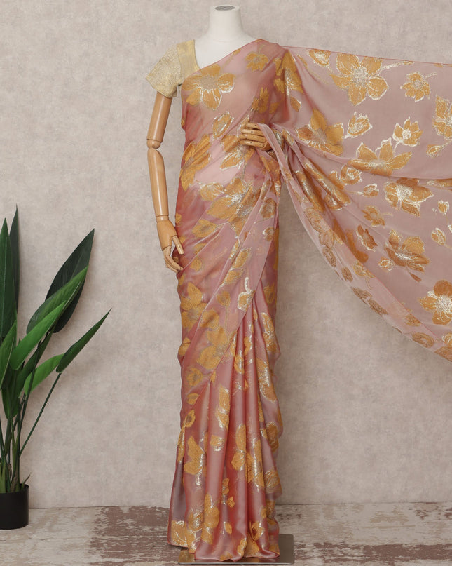 Peach Pink Premium French Chiffon Saree with Gold Metallic Lurex Floral Work, 5.5 Mtrs Length, 110 Cms Width, Made in France-D24301 Regal Fabrics