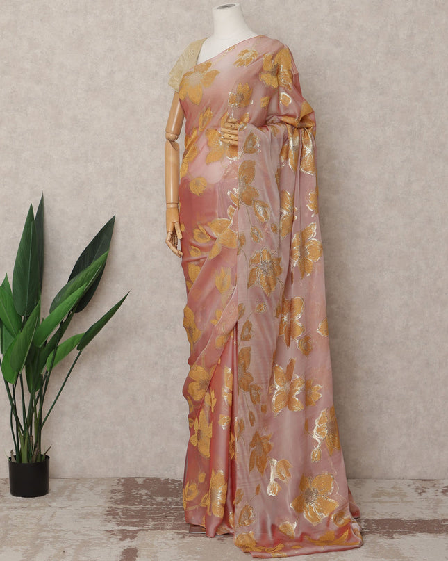 Peach Pink Premium French Chiffon Saree with Gold Metallic Lurex Floral Work, 5.5 Mtrs Length, 110 Cms Width, Made in France-D24301 Regal Fabrics