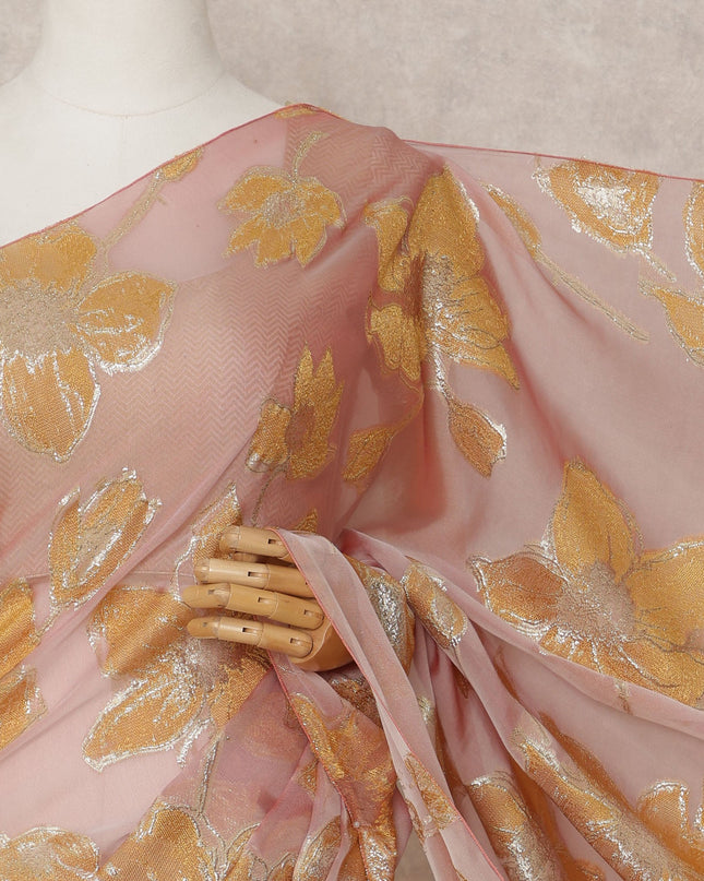 Peach Pink Premium French Chiffon Saree with Gold Metallic Lurex Floral Work, 5.5 Mtrs Length, 110 Cms Width, Made in France-D24301 Regal Fabrics