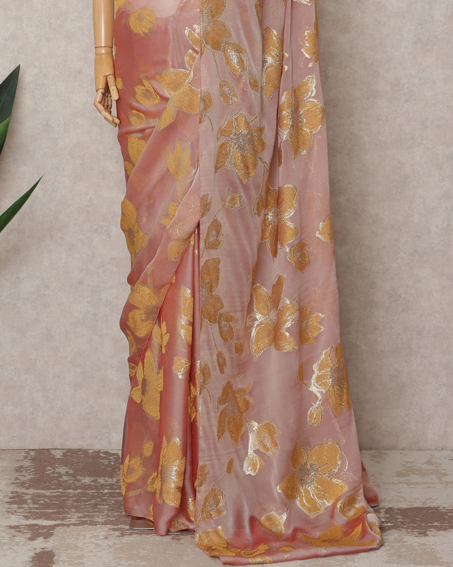 Peach Pink Premium French Chiffon Saree with Gold Metallic Lurex Floral Work, 5.5 Mtrs Length, 110 Cms Width, Made in France-D24301 Regal Fabrics
